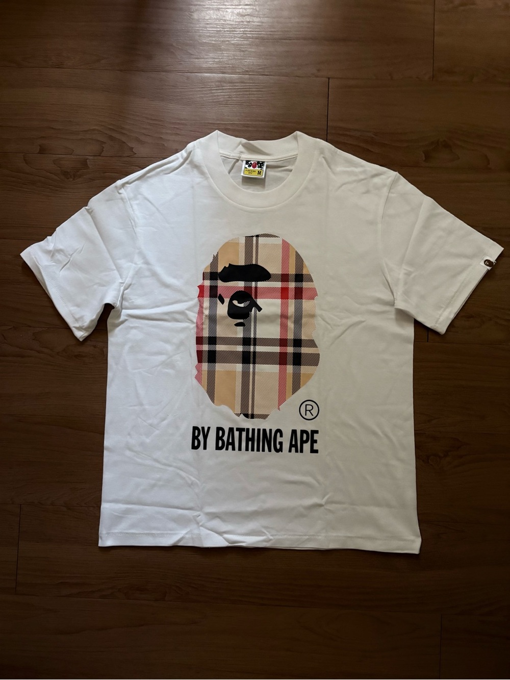 Bape White Tee with Beige Plaid Ape Head